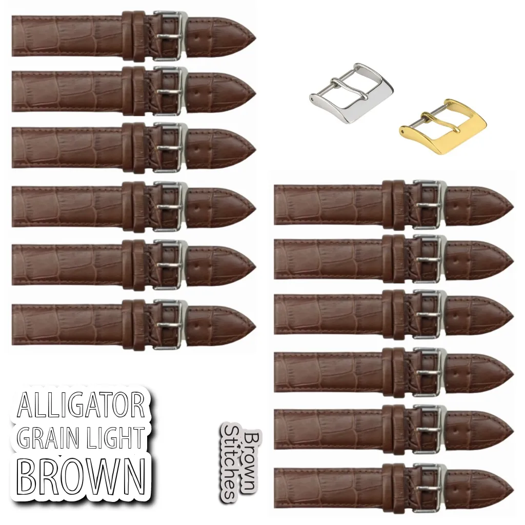 12PCS Alligator Grain LIGHT BROWN Leather Watch Band (12MM-30MM   XXL Sizes) Padded w/Brown Stitches