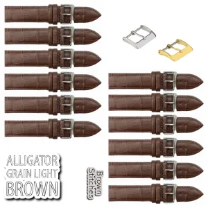 12PCS Alligator Grain LIGHT BROWN Leather Watch Band (12MM-30MM   XXL Sizes) Padded w/Brown Stitches