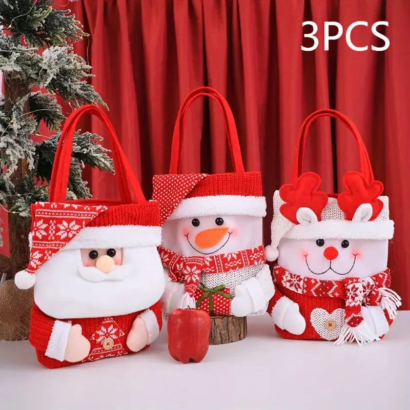 3PCS Christmas Gift Handbags - Christmas Eve Apple Bag Gift Bag - Flip Hat Cartoon Candy Bag, Christmas Theme Pattern - Large Capacity Christmas Handbag - Santa Claus, Snowman, Reindeer Combinations