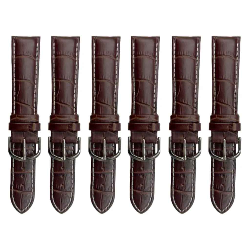 6PCS Alligator Grain Dark Brown Leather Watch Band (12MM-30MM   XXL Sizes) Padded w/WHITE Stitches