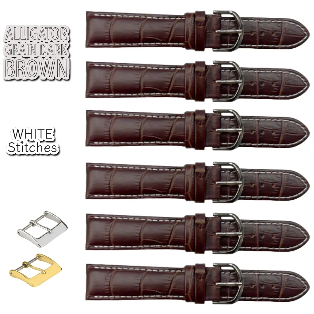 6PCS Alligator Grain Dark Brown Leather Watch Band (12MM-30MM   XXL Sizes) Padded w/WHITE Stitches