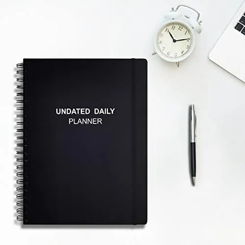 A4 Undated Daily Planner Notebook- Daily Productivity Planner with Hourly Schedules, Action Items and Follow-up, Daily Organizer to Improve Time Management, 8.5 × 11 Inch, Black PU Planner 2024