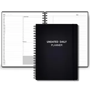 A4 Undated Daily Planner Notebook- Daily Productivity Planner with Hourly Schedules, Action Items and Follow-up, Daily Organizer to Improve Time Management, 8.5 × 11 Inch, Black PU Planner 2024