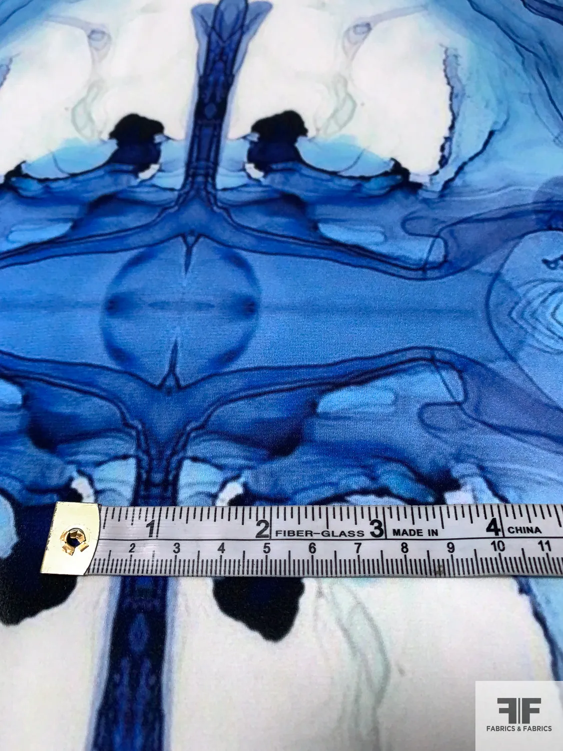 Alcohol Ink Pattern Printed Polyester Georgette - Shades of Blue / Off-White