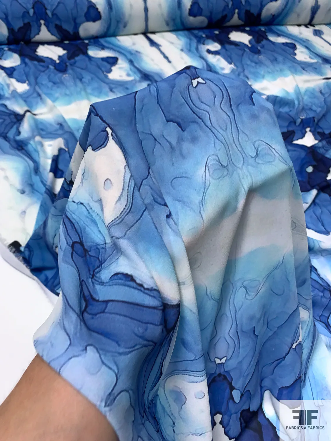 Alcohol Ink Pattern Printed Polyester Georgette - Shades of Blue / Off-White