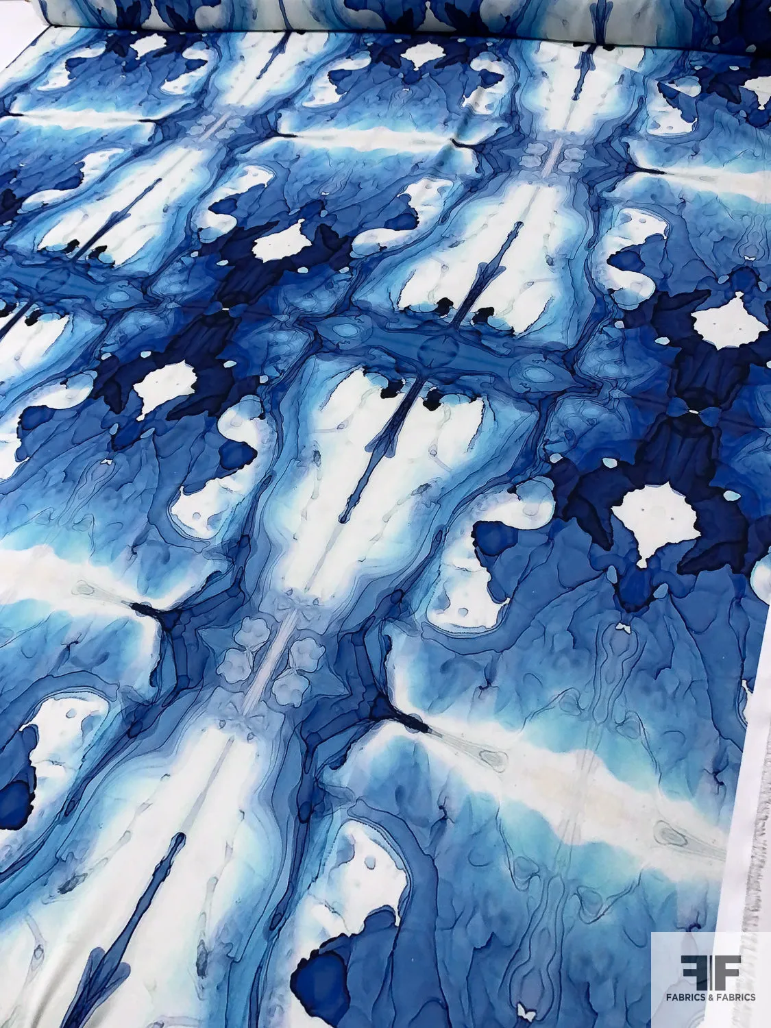 Alcohol Ink Pattern Printed Polyester Georgette - Shades of Blue / Off-White