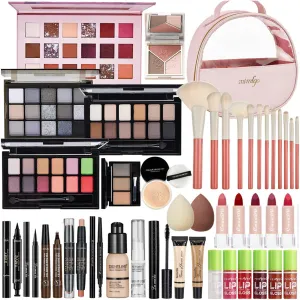 All In One Makeup Kit, Travel Makeup Kit, Makeup Gift Set, Makeup Kit for Women Full Kit, Makeup Bundle Includes Foundation Eyeshadow Palette Lipstick Eyeliner Mascara Contour Stick Cosmetic Brush Set