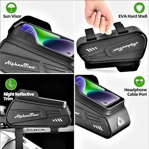 Alphantino Bike Phone Holder Bag - Waterproof Hard Case Large Capacity Top Tube Front Frame Bicycle Pouch Cycling Mount, Bike Accessories, TPU Touch-Screen & Sun-Visor (Green ZIpper)