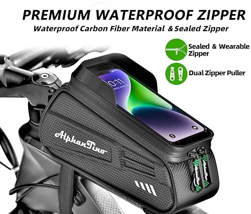 Alphantino Bike Phone Holder Bag - Waterproof Hard Case Large Capacity Top Tube Front Frame Bicycle Pouch Cycling Mount, Bike Accessories, TPU Touch-Screen & Sun-Visor (Green ZIpper)