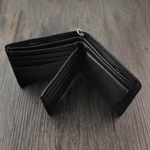 Badass Black Leather Men's Trifold Cross Small Biker Wallet Chain Wallet with chain For Men