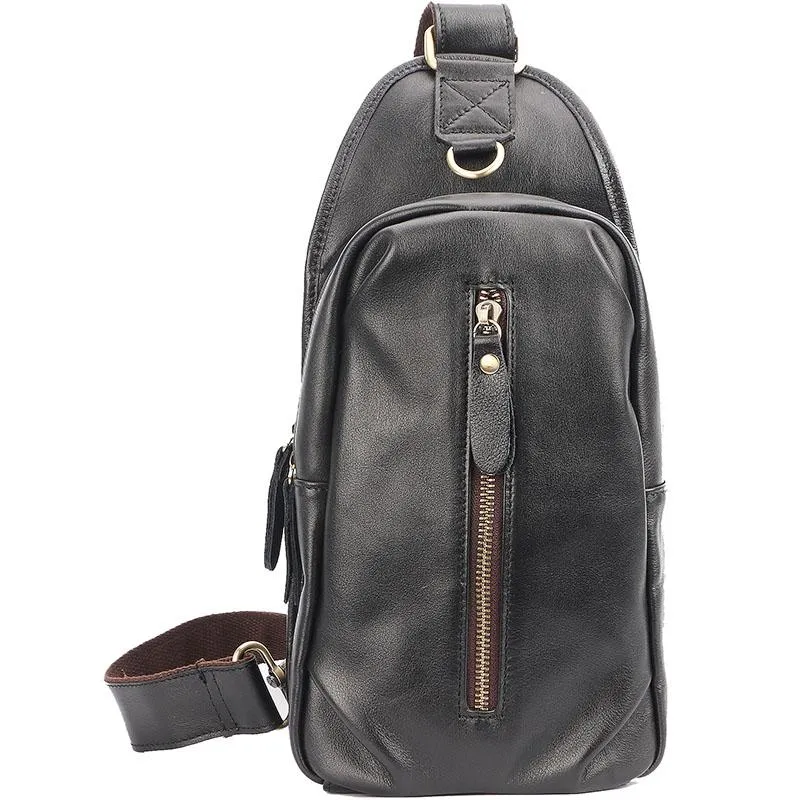 Black Cool Leather Mens Sling Bag Chest Bag Black One Shoulder Backpack For Men