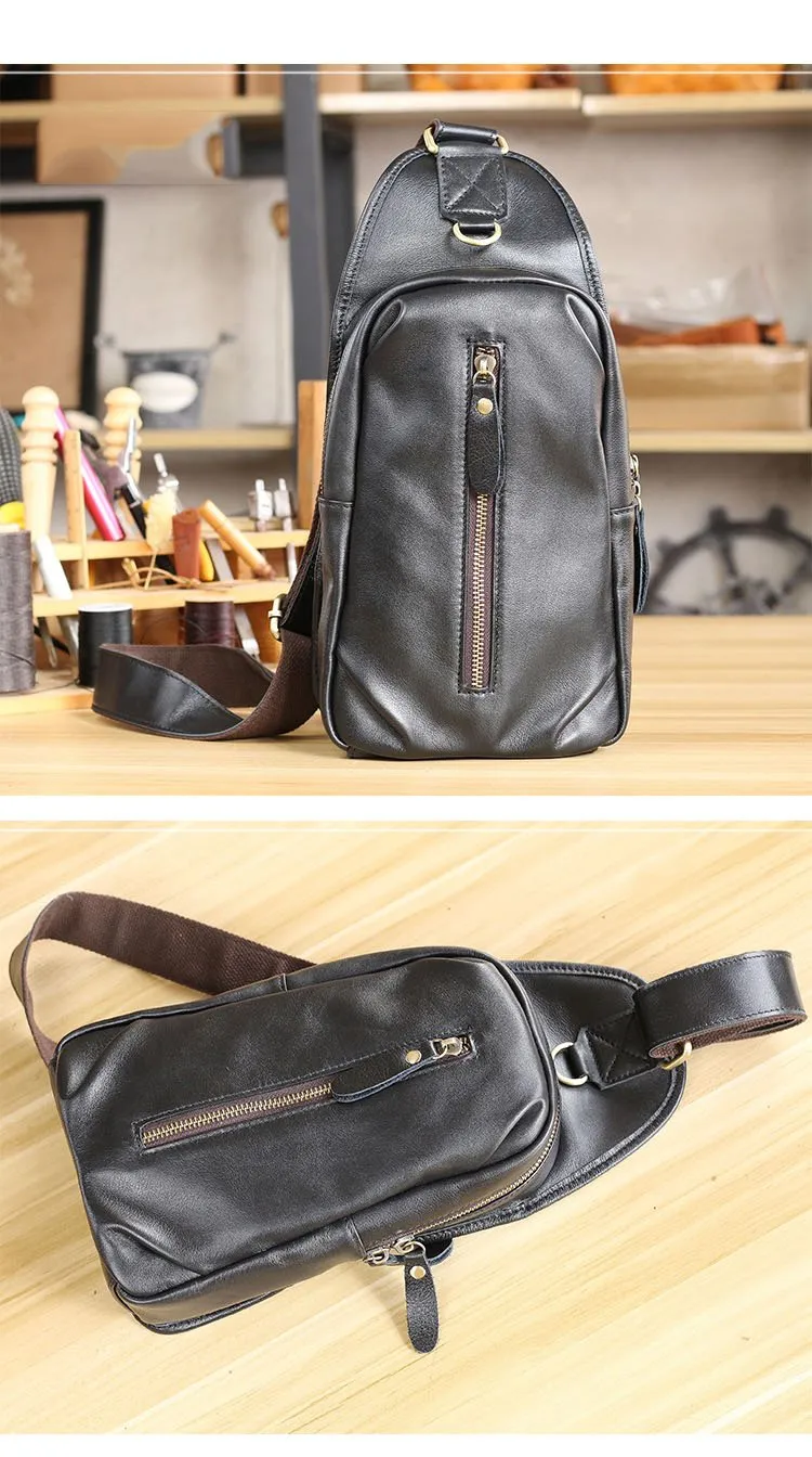 Black Cool Leather Mens Sling Bag Chest Bag Black One Shoulder Backpack For Men