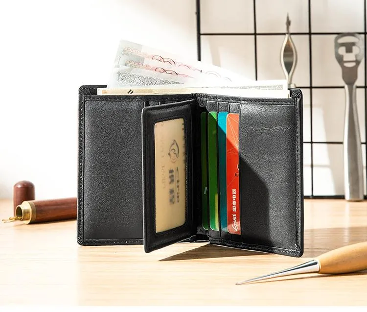 Black Cool Leather Mens Small Wallet Multicard Wallet Bifold Vintage Slim billfold Wallet for Men