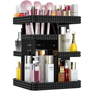 BOCONY Vanity Organizer,360 Rotating Acrylic Skin Care Organizer, Large Capacity, Organization and Storage for Countertop with Makeup Brush Holder - Black