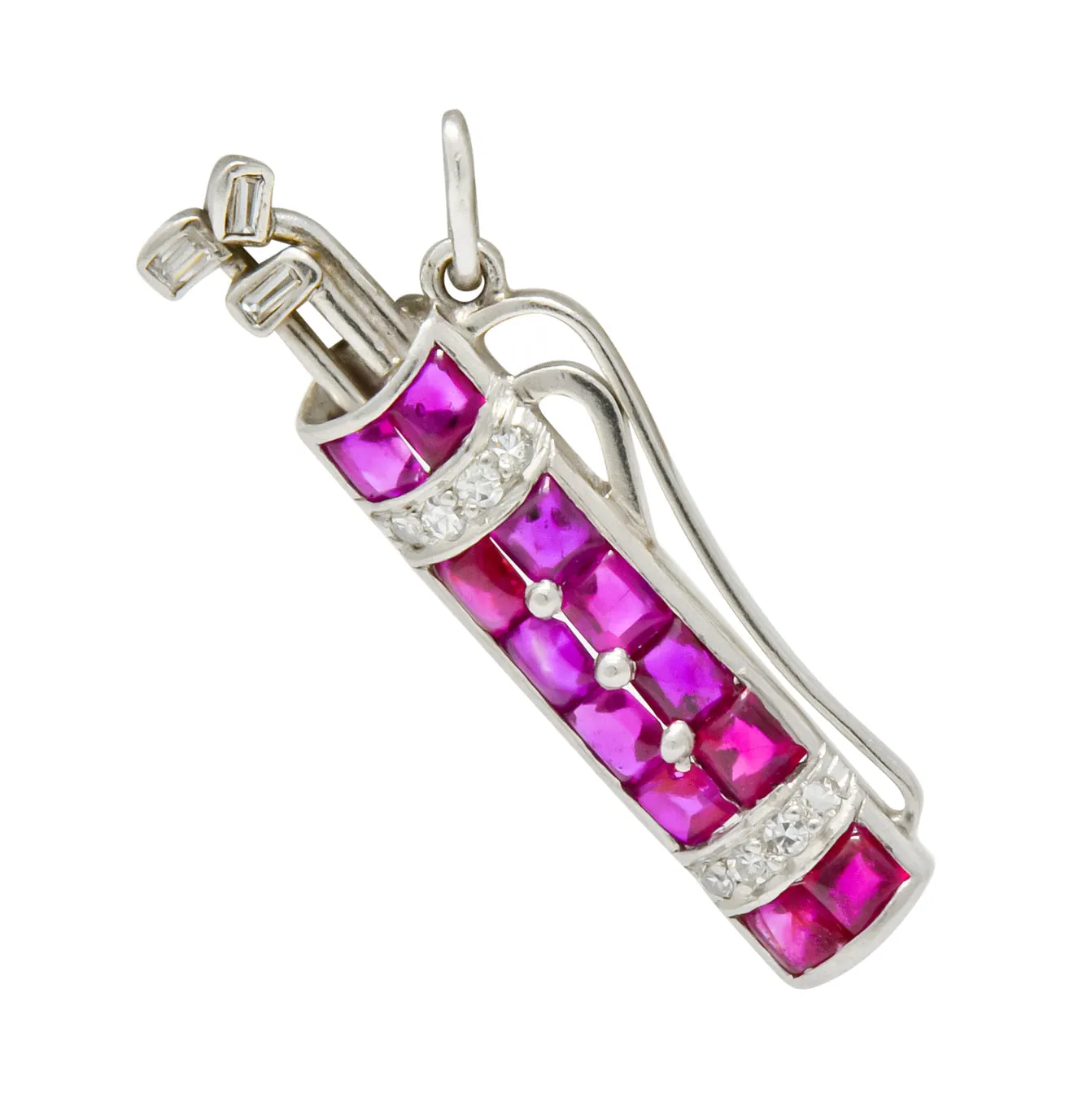 Bright Art Deco Large Ruby Diamond Platinum Golf Clubs And Bag Charm