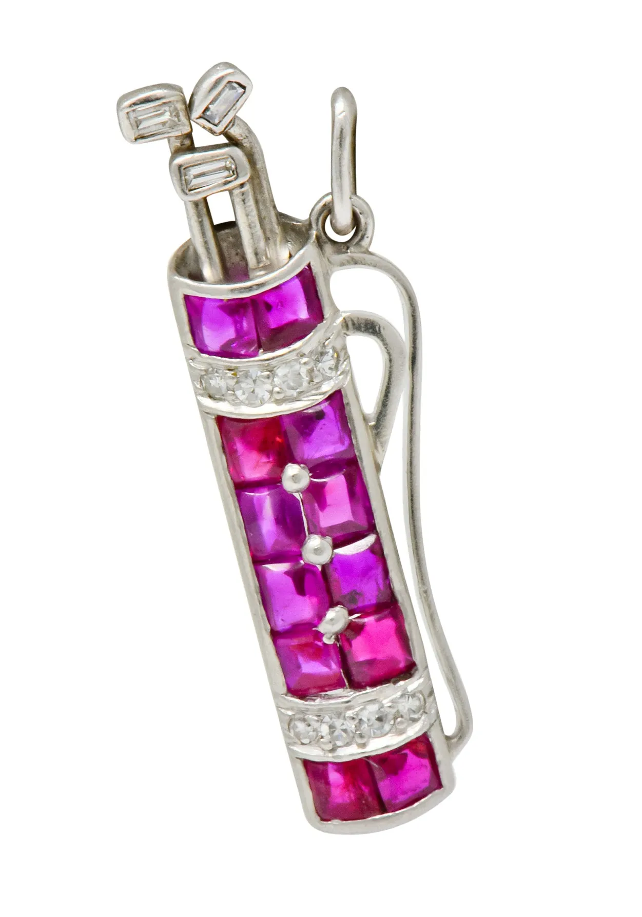 Bright Art Deco Large Ruby Diamond Platinum Golf Clubs And Bag Charm