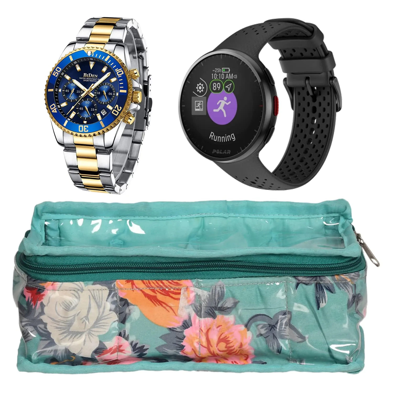 Heart Home Multiuses PVC Laminate Flower Print 4 Case Watch Organizer/Bracelet Organizer For Watches, Bracelet Pack of 2 (Turquoise) 54HH4300.