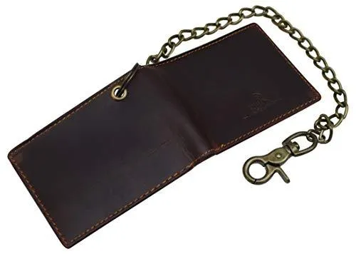 Mens Real Grained Leather Vintage Chained Wallet RFID Purse Credit Card Holder