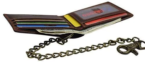 Mens Real Grained Leather Vintage Chained Wallet RFID Purse Credit Card Holder