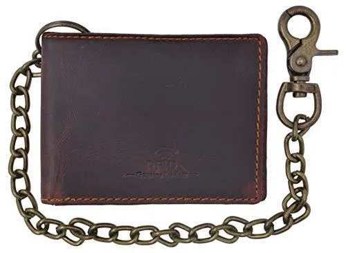 Mens Real Grained Leather Vintage Chained Wallet RFID Purse Credit Card Holder