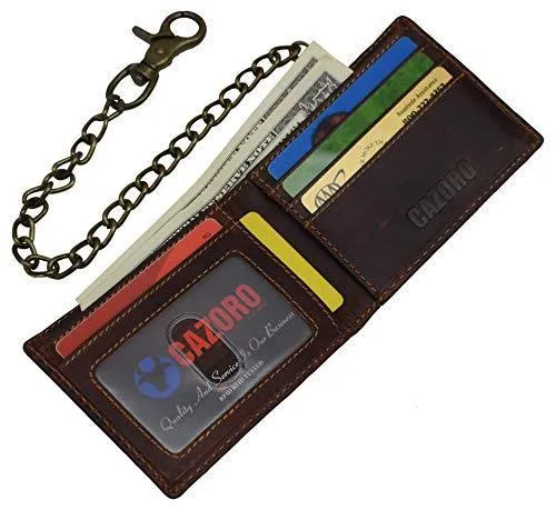 Mens Real Grained Leather Vintage Chained Wallet RFID Purse Credit Card Holder