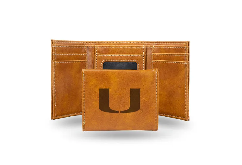 Miami Hurricanes - Laser Engraved Brown Trifold Wallet