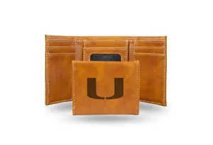 Miami Hurricanes - Laser Engraved Brown Trifold Wallet