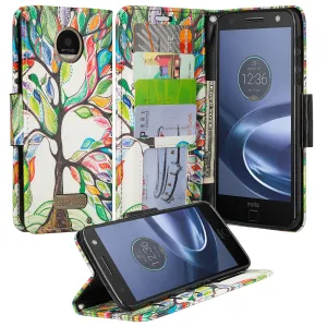 Moto Z Droid Case, Wrist Strap Flip Folio [Kickstand] Pu Leather Wallet Case with ID & Credit Card Slots & Money Pocket - Vibrant Tree