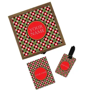 Personalized Passport Cover With Luggage Tag - Red & Green Plaid