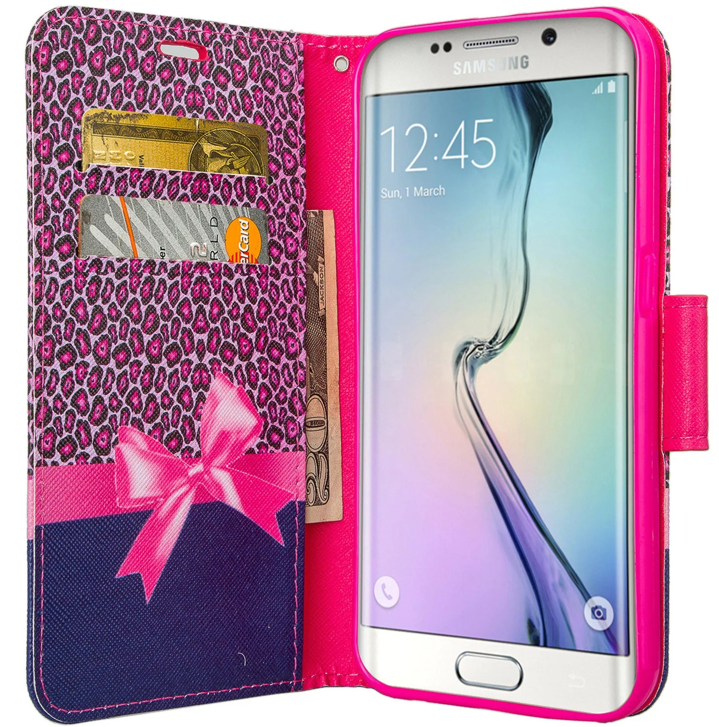 Samsung Galaxy S7 Edge Wallet Case, Wrist Strap Pu Leather Magnetic Flip Fold[Kickstand] with ID & Card Slots for Galaxy S7 Edge - Cheetah Prints