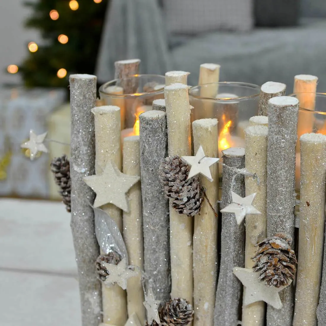 Tall Rectangle Wooden Candle Holder Christmas Silver Twigs 37cm