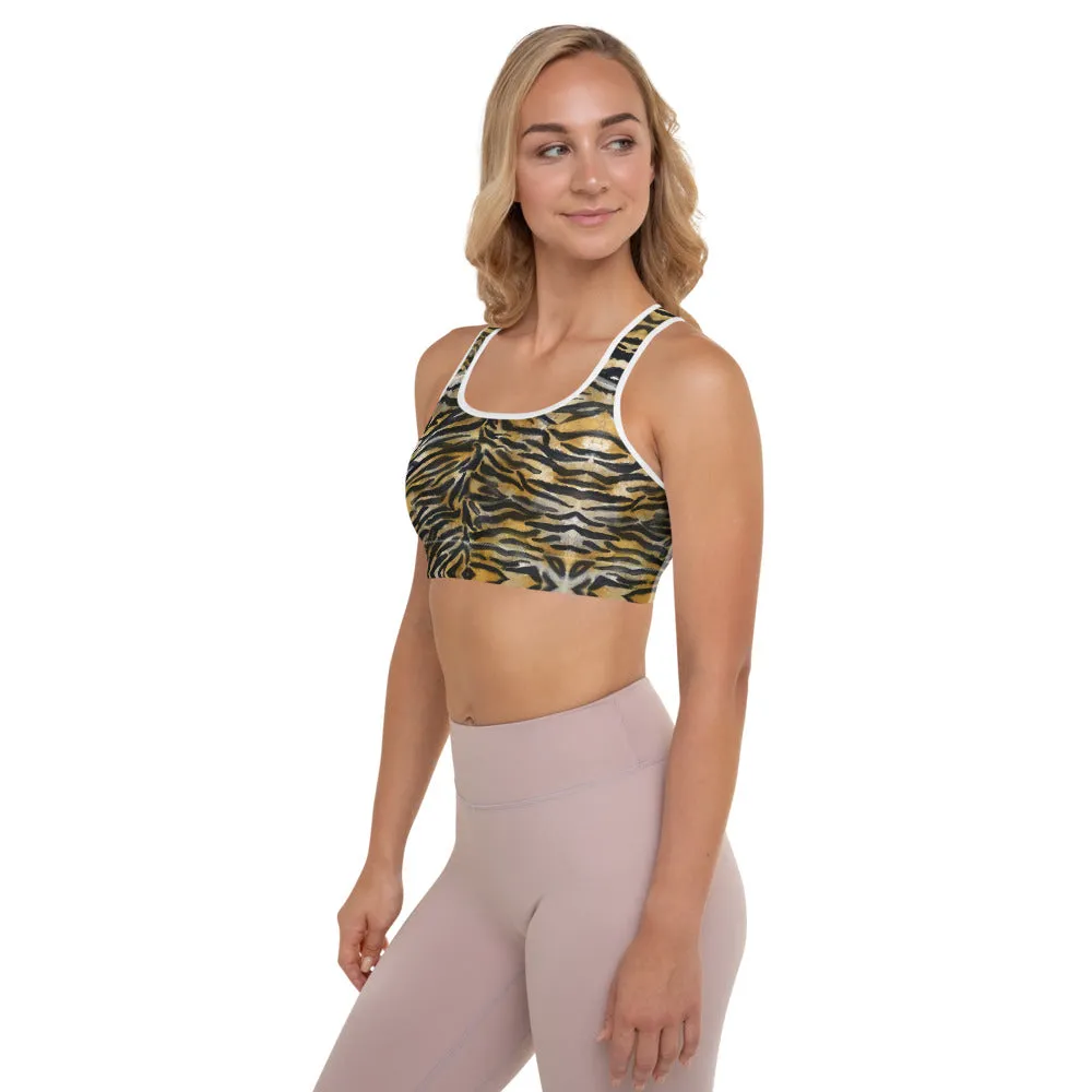 Tiger Stripe Padded Sports Bra, Animal Print Best Women's Workout Fitness Bra-Made in USA/EU