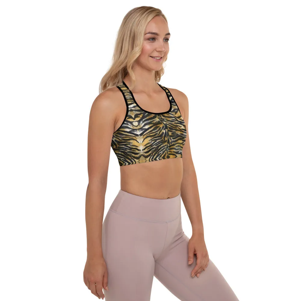 Tiger Stripe Padded Sports Bra, Animal Print Best Women's Workout Fitness Bra-Made in USA/EU