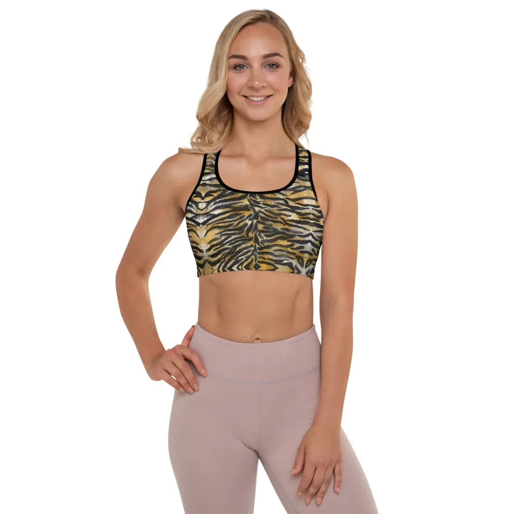 Tiger Stripe Padded Sports Bra, Animal Print Best Women's Workout Fitness Bra-Made in USA/EU