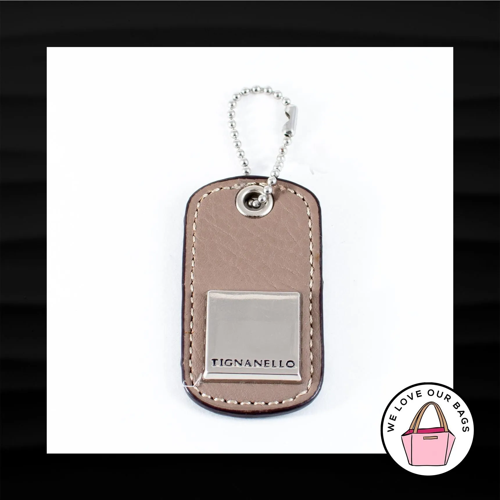 TIGNANELLO TAN TAUPE LEATHER SILVER NICKEL METAL KEY FOB BAG CHARM KEYCHAIN TAG