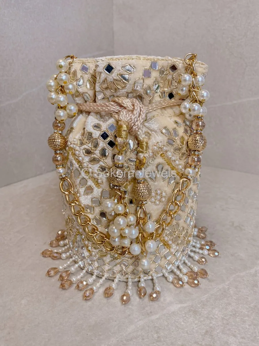 Velvet Mirror Detail Potli Bag - Golden/Cream