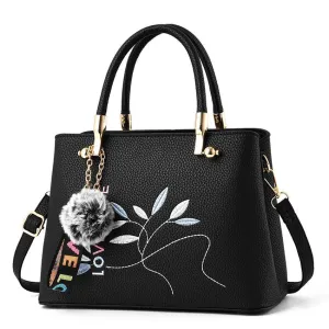 Women Tote Messenger Crossbody Love Embroidery Faux-Leather Bag with Fur Tassel