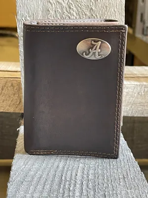 Zep-Pro IWT2CRZH-UAL University of Alabama Crimson Tide Brown “Crazy Horse” Leather Tri-fold Wallet